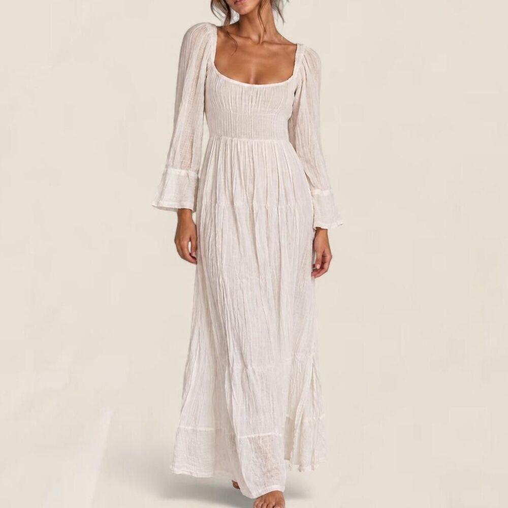 Free People White cotton Crinkle Maxi Dress Open Back Romantic Boho Fairycore XS